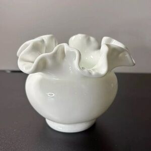 Vintage Fenton Milk Glass Double Crimped Squat Vase MCM Simple Elegant 3.5” Ht